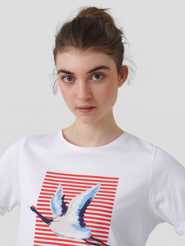 T-shirt Estampado com Riscas e Cegonha