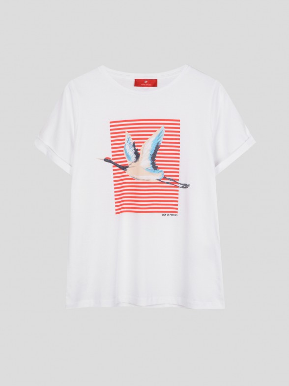 T-shirt Estampado com Riscas e Cegonha