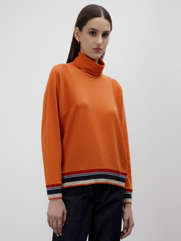 Lyocell sweater with multicolor striped detail