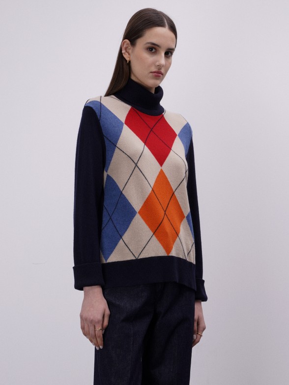 High-neck sweater with lozenges