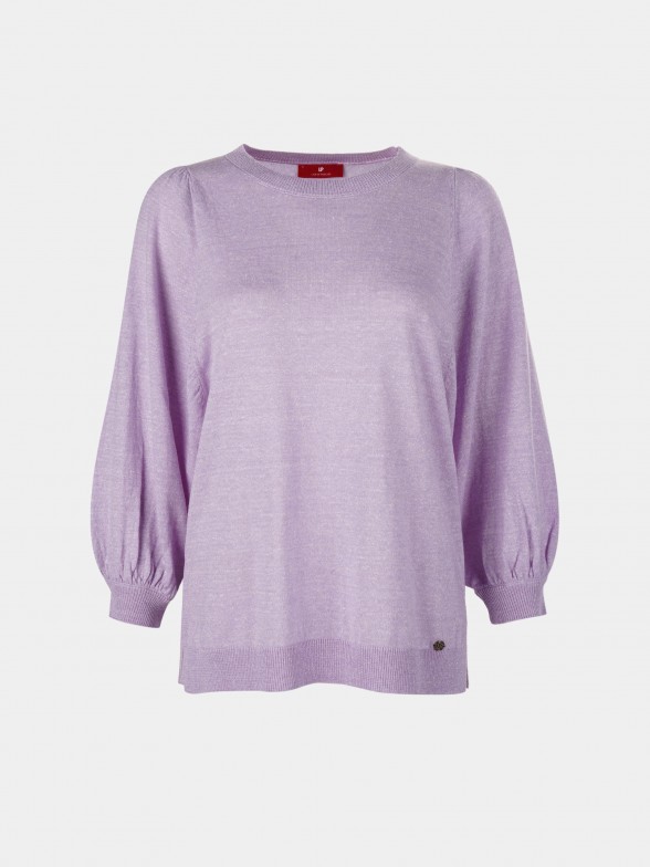 Woman's wool and linen jumper with puffed sleeves and round neck