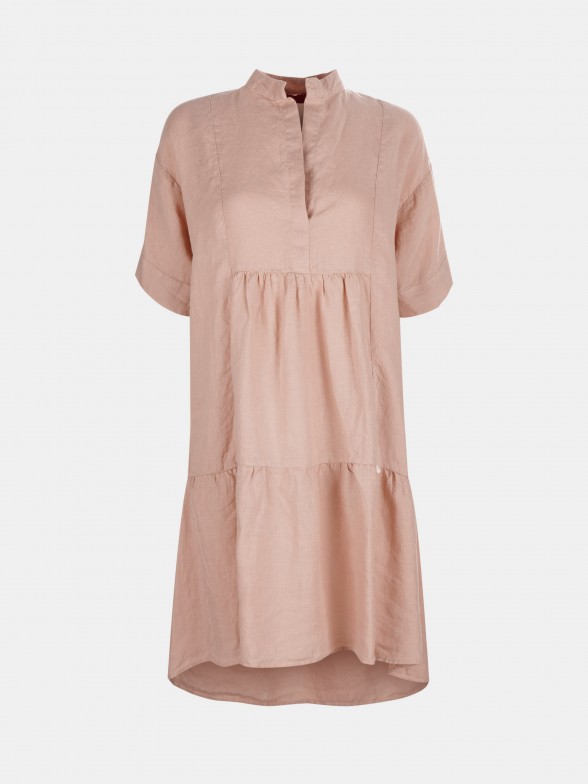 Linen dress with short sleeves and mandarin collar