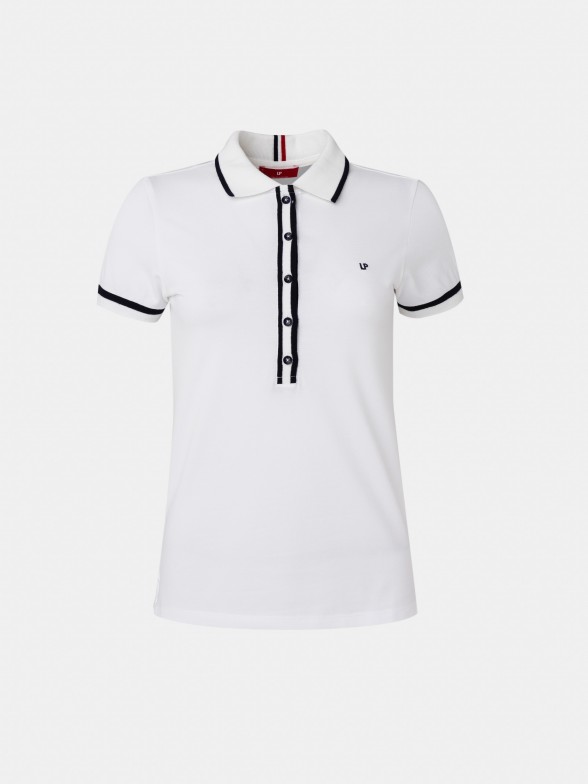 Woman's cotton stretch polo shirt with contrast piping and stripe