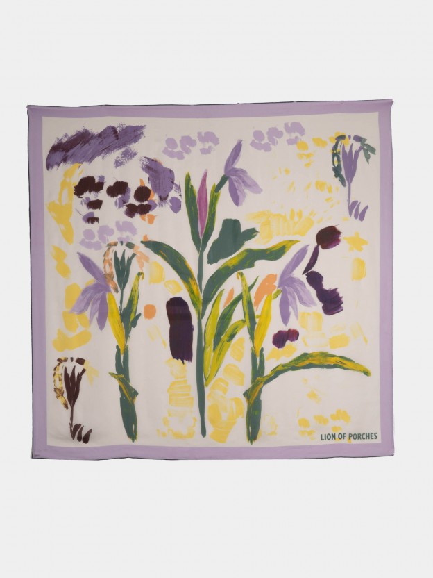 Lilac silk scarf printed with floral motifs