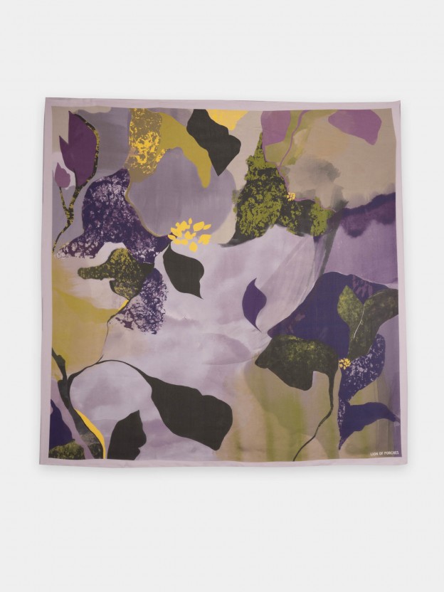 Green silk scarf printed with floral motifs