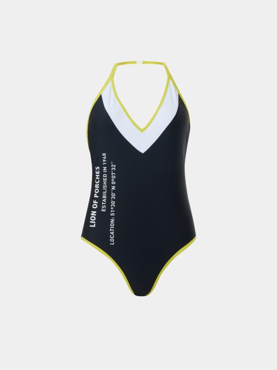 Tricolor swimsuit with lettering