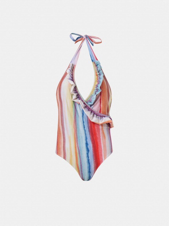 Fato de banho para mulher tye dye multicolor e folhos