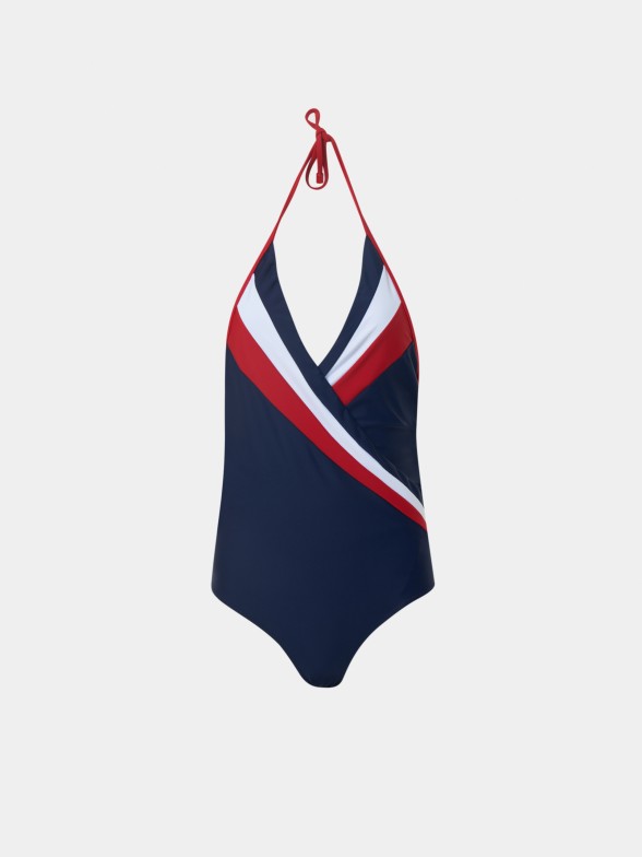 Fato de banho para mulher tricolor efeito trespassado com decote em v