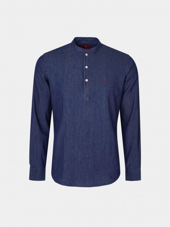 Man's slim fit denim shirt with polo neck