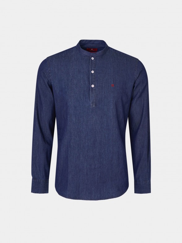 Camisa para homem slim fit denim com carcela de polo