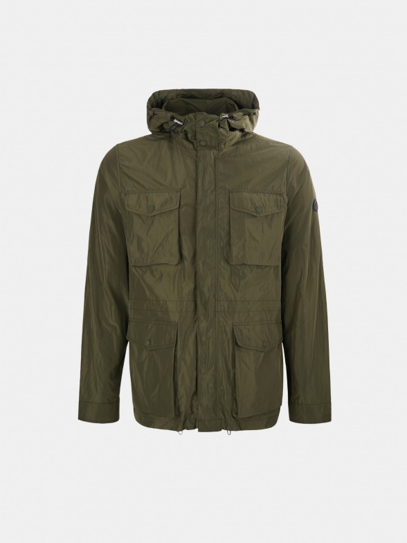 Man's parka in technical fabric with hood and pockets