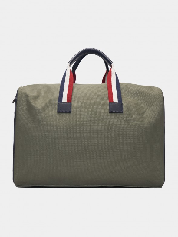 Man's green bag in twill with tricolour handle