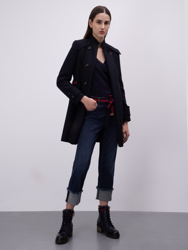 Blue pea coat with striped belt