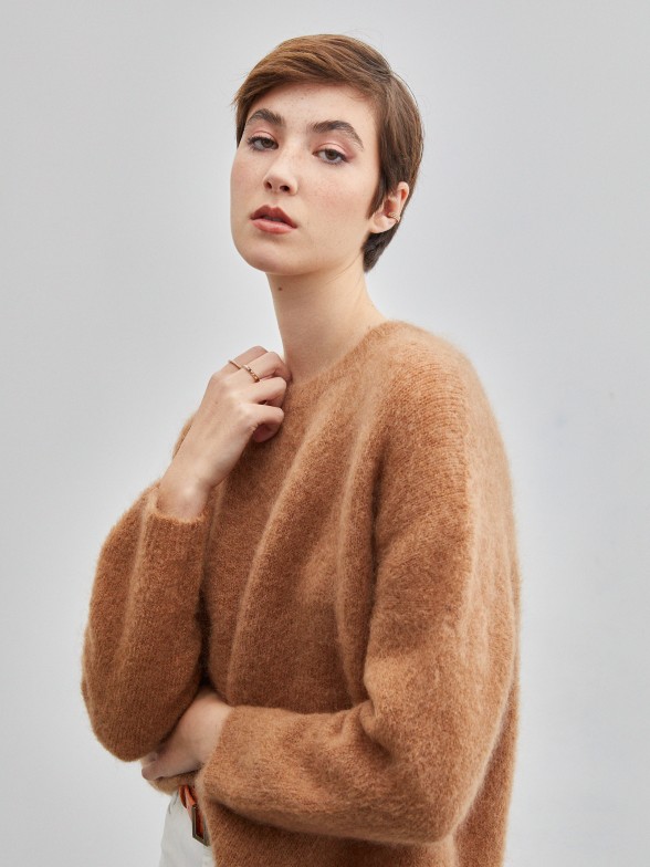 Round-necked mohair knitted sweater