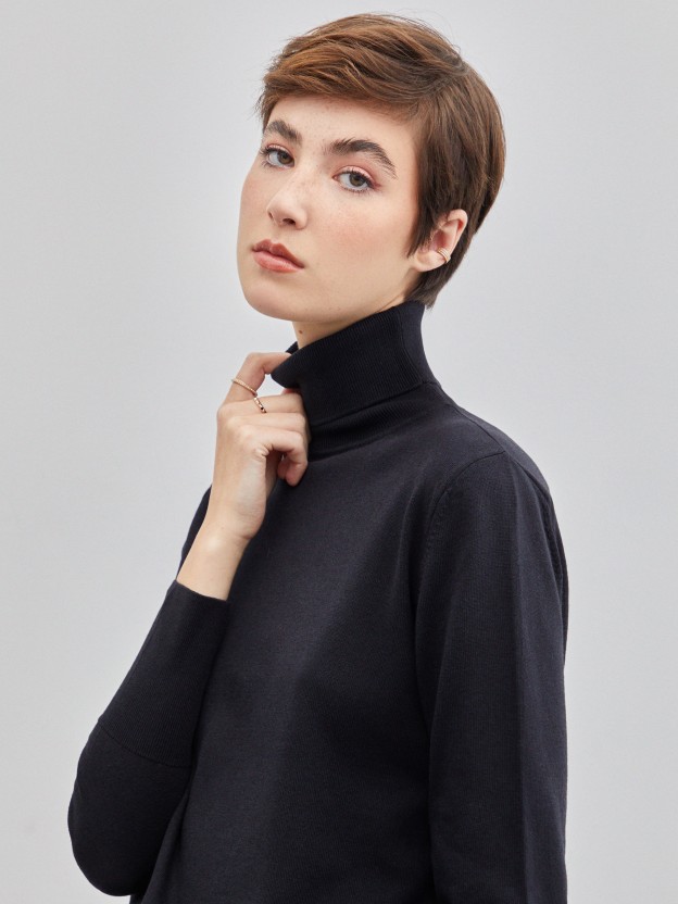 High-neck sweater in cotton and wool