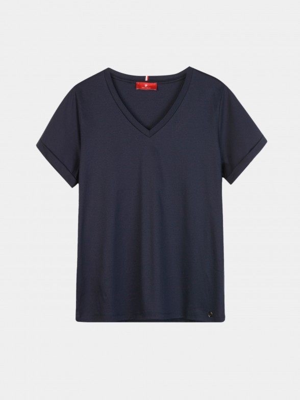 T-shirt de algodão regular fit com decote em v