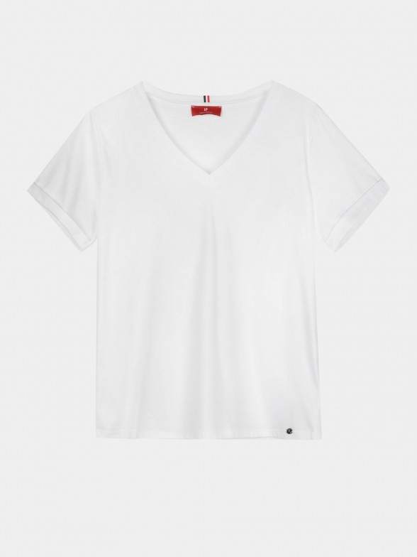 T-shirt de algodão regular fit com decote em v