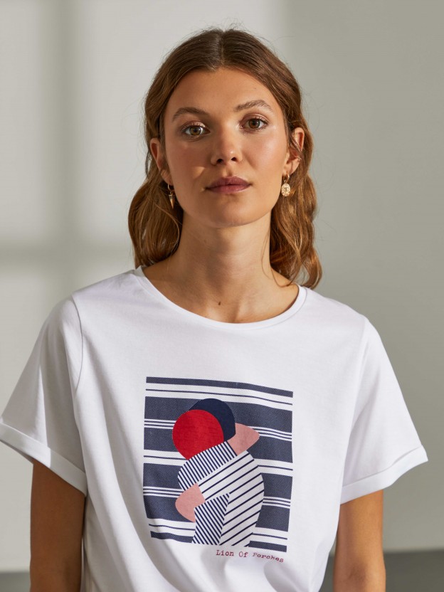 T-shirt de algodão com gola redonda e estampado