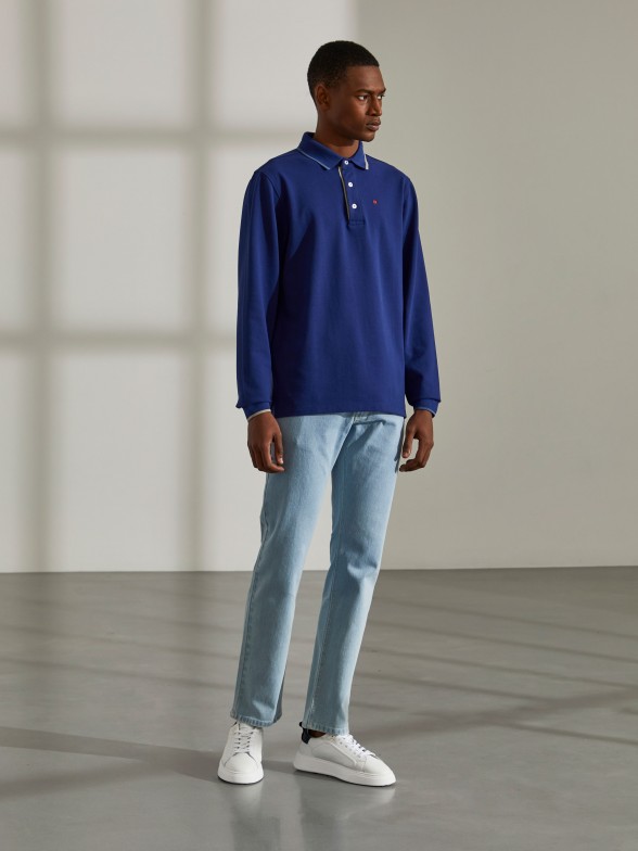 Polo para homem slim fit de algodo de manga comprida