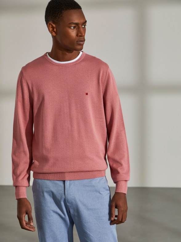 Man's cotton round neck sweatshirt with embroidery