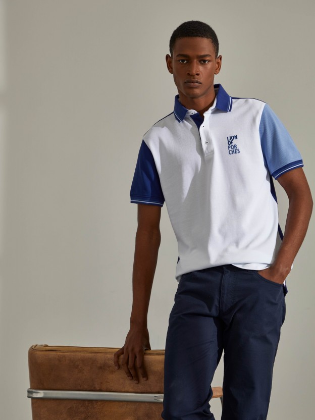 Man's tricolour knitted polo shirt with short sleeves