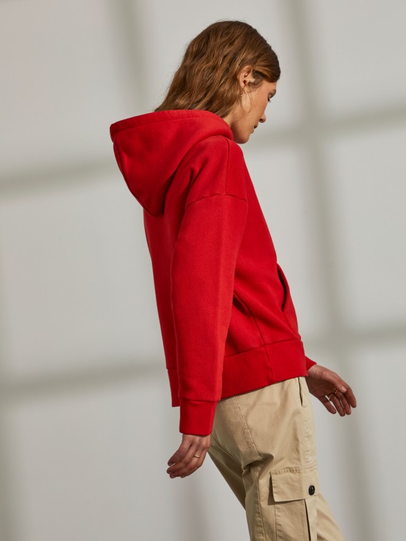 Woman's red sweatshirt with hood