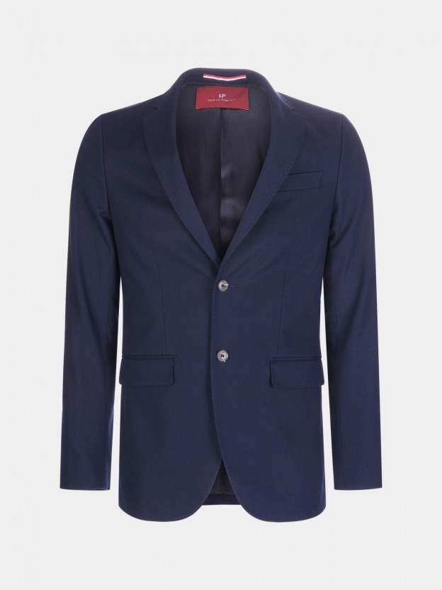 Man's blue slim fit cotton blazer with pockets