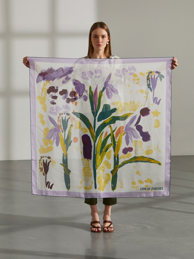 Woman's silk scarf printed with floral motifs