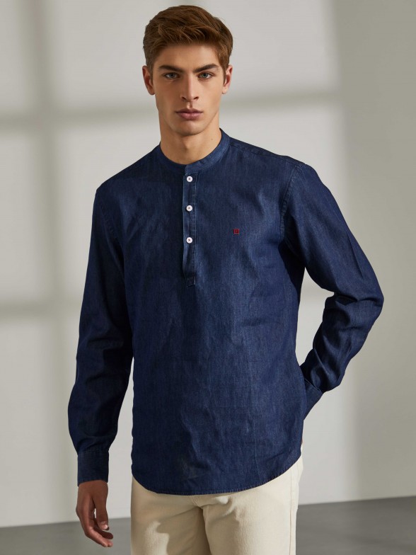 Man's slim fit denim shirt with polo neck