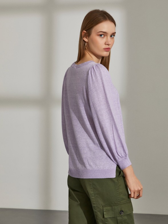 Woman's wool and linen jumper with puffed sleeves and round neck