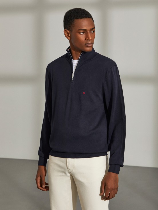 Man's cotton jumper with zip-up collar