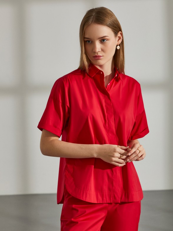 Camisa para mulher vermelha de algodo com mangas ragl