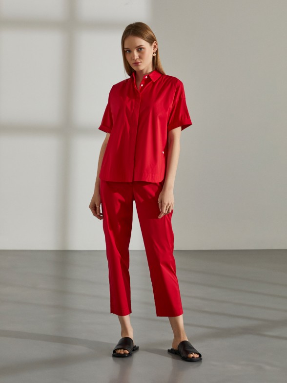 Camisa para mulher vermelha de algodão com mangas raglã