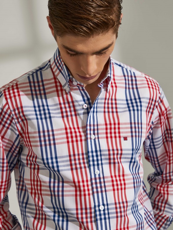Man's regular fit cotton shirt with checkered pattern