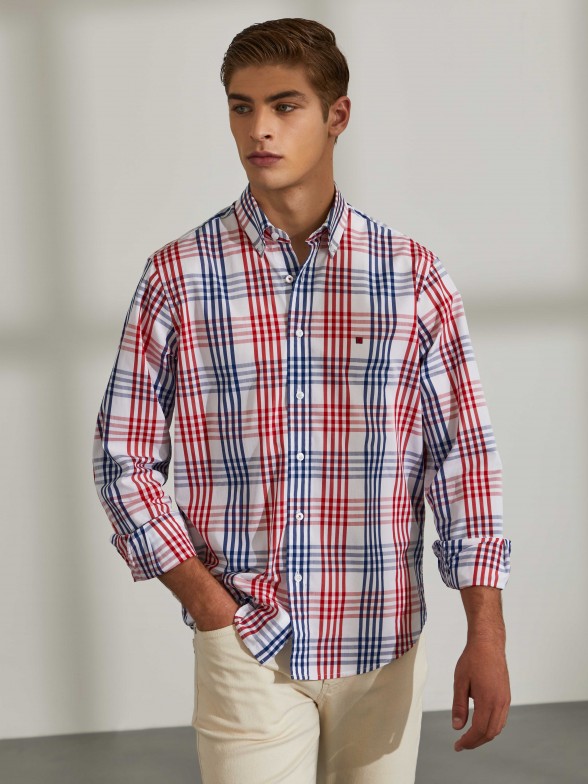 Camisa para homem regular fit de algodão com padrão de xadrez