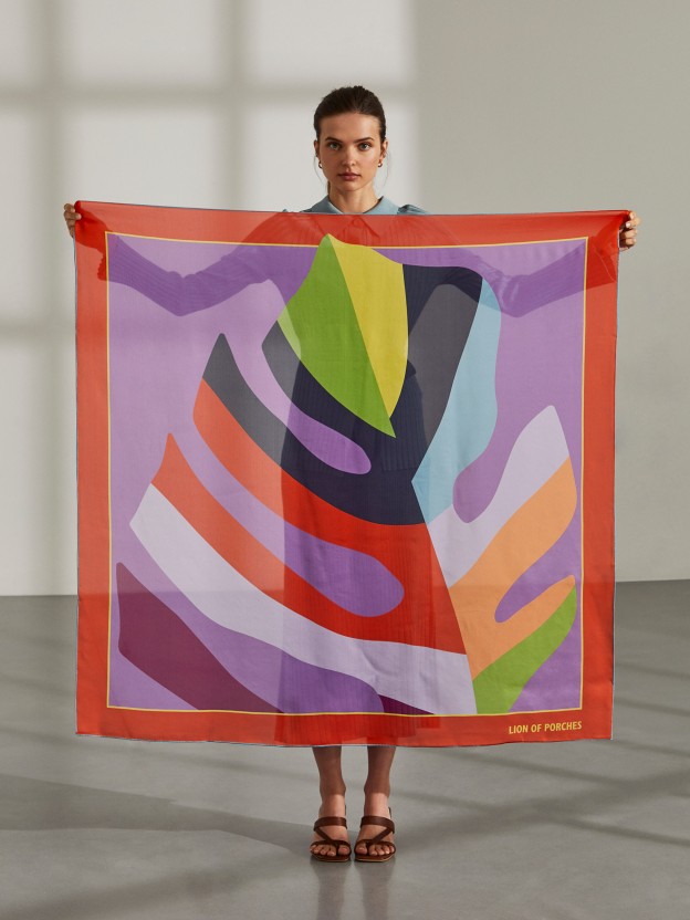 Woman's silk scarf printed with leaf motif