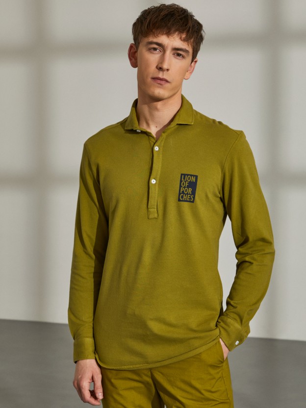 Man's slim fit piqué polo shirt with long sleeves