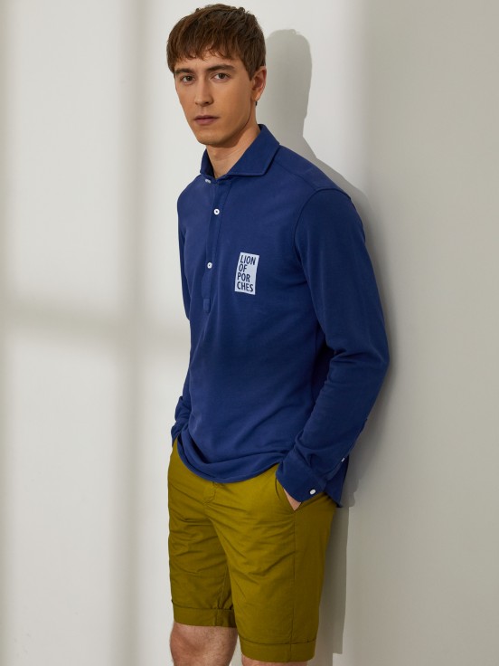 Man's slim fit piqu polo shirt with long sleeves