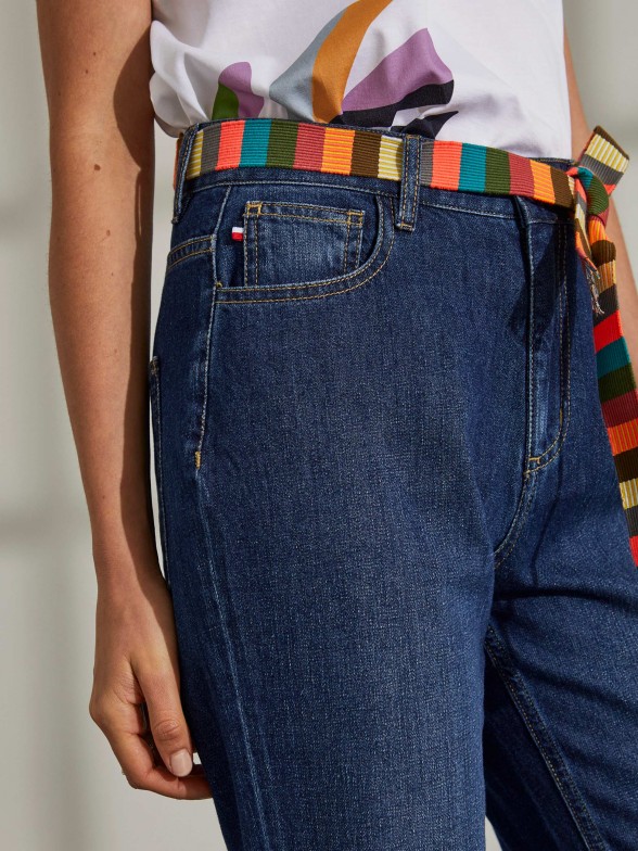 Woman's regular fit denim trousers with multicolour belt