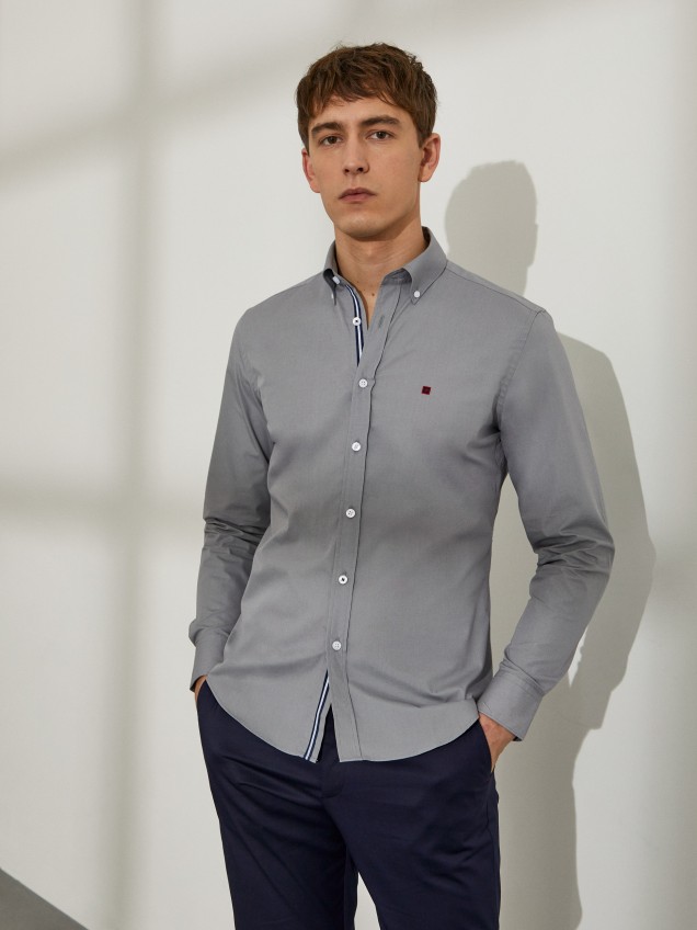 Man's slim fit cotton shirt with two button collar - Image product