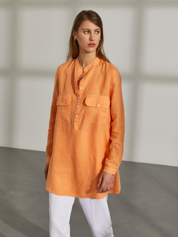 Woman's long linen shirt with mandarin collar