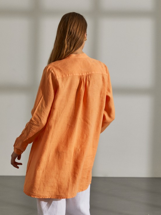 Camisa larga de lino para mujer con cuello mandarn