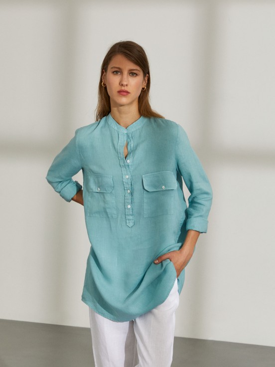 Camisa larga de lino para mujer con cuello mandarn