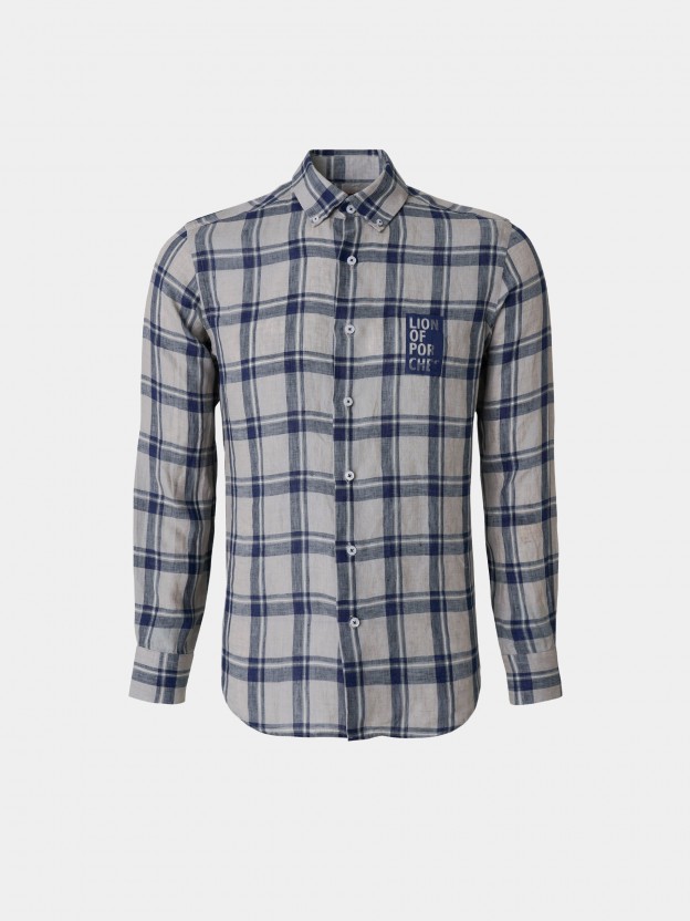 Man's slim fit linen shirt with checkered pattern