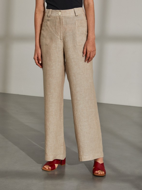 Woman's trousers in linen with pockets and high waist