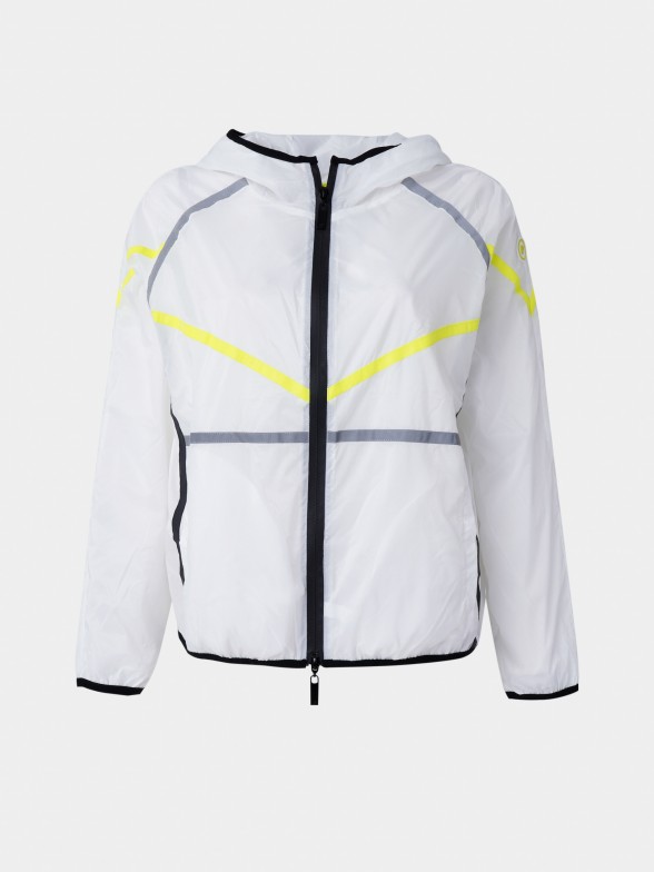 Woman's windproof jacket with hood and reflective tapes
