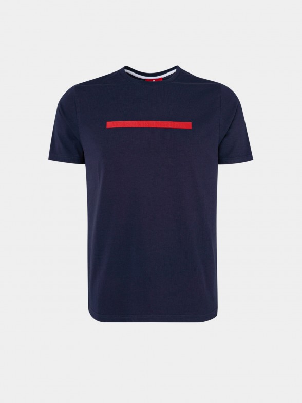 Man's t-shirt made from cotton with round collar and a stripe on the chest