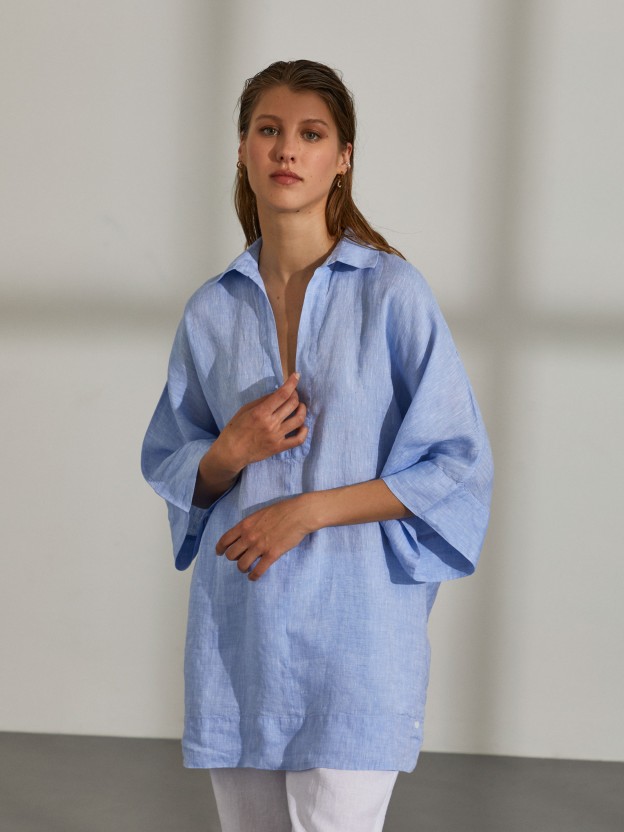 Camisa para mulher comprida de linho de tipo quimono