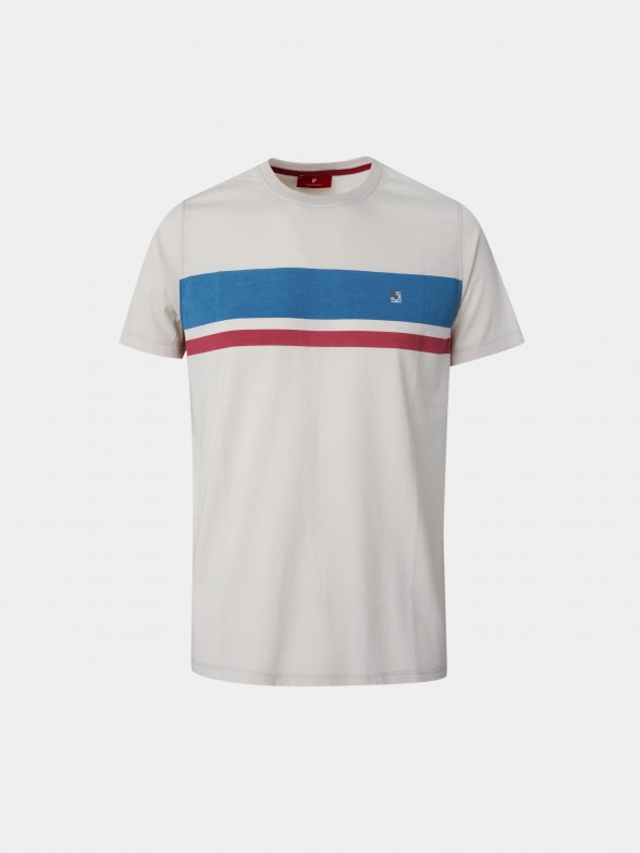 Man's cotton t-shirt made with round collar and stripes on the chest