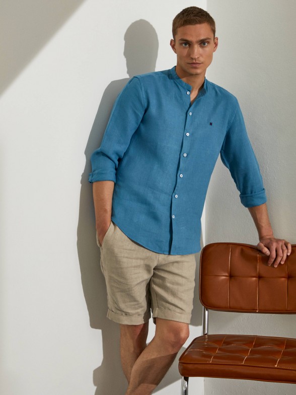 Camisa para homem slim fit de linho com colarinho mandarim